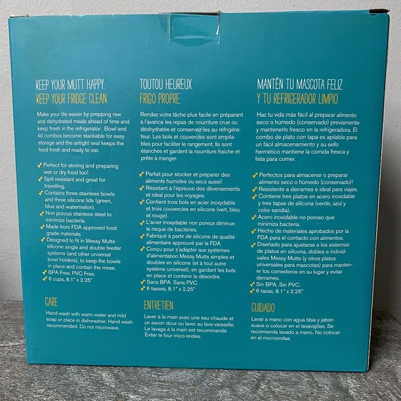 MESSY MUTTS 6 Piece Bowl Set XL Stainless Steel Bowl Silicone Lid Box Set - Picture 4 of 5